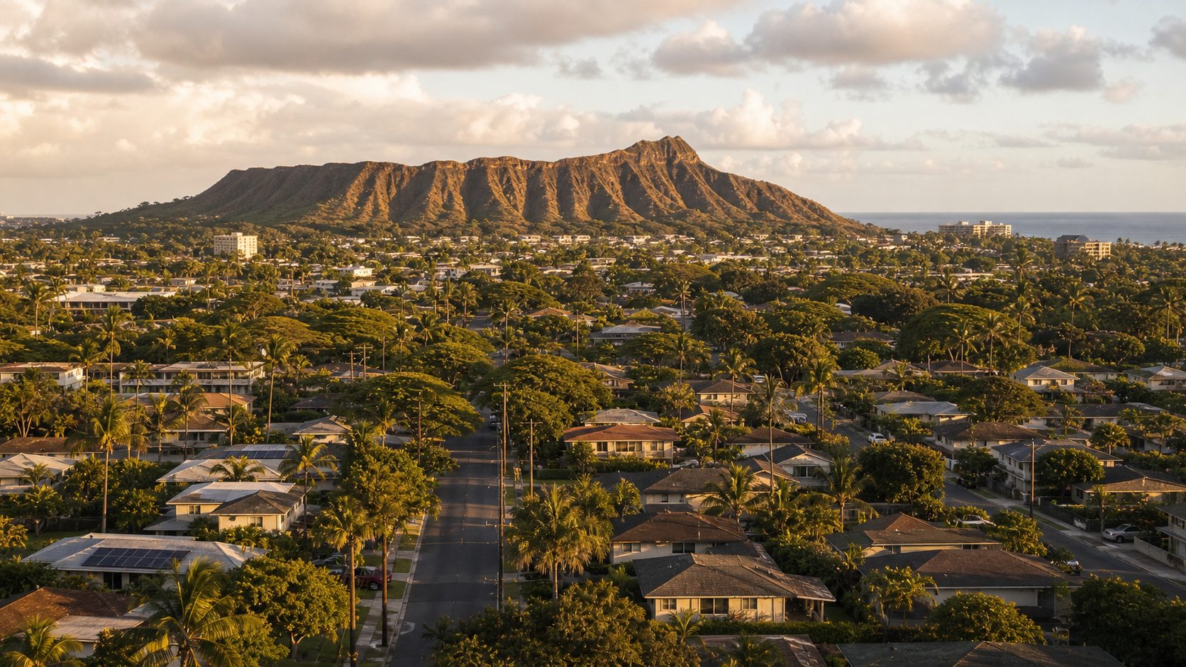 Diamond Head above an Oahu neighborhood at golden hour